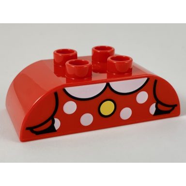 red duplo brick 2 x 4 slope curved double with yellow button and white collar and polka dots pattern
