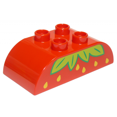red duplo brick 2 x 4 slope curved double with lime leaves and yellow seeds strawberry pattern