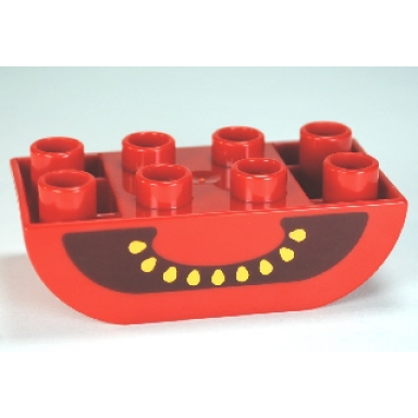 red duplo brick 2 x 4 slope curved inverted double with yellow seeds on dark red background cut tomato pattern