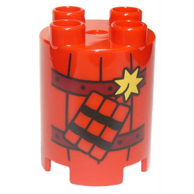 red duplo brick round 2 x 2 x 2 with dynamite and railroad track pattern
