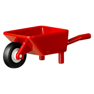 red minifigure utensil wheelbarrow with white pulley wheel with black tire 14mm d x 4mm smooth small single with number embossed on side 98288 3464c03