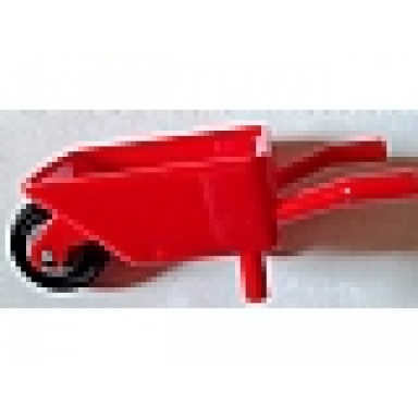 red minifigure utensil wheelbarrow with dark bluish gray pulley wheel with black tire 14mm d x 4mm smooth small single with number embossed on side 98288 3464c03