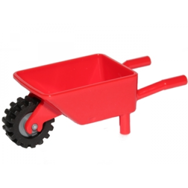 red minifigure utensil wheelbarrow with dark bluish gray pulley wheel with black tire 15mm d x 6mm offset tread small - band around center of tread 98288 3464c04