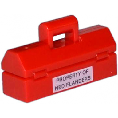 red minifigure utensil toolbox with black property of ned flanders on white rectangle pattern
