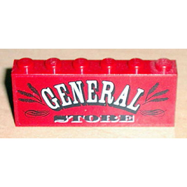red stickered assembly 6 x 1 x 2 with general store pattern sticker - set 6765 - 2 brick 1 x 6