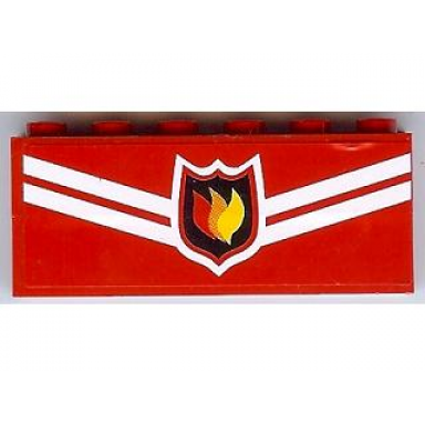 red stickered assembly 6 x 1 x 2 with fire logo badge and white diagonal stripes pattern sticker - set 7945 - 2 brick 1 x 6