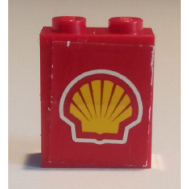 red stickered assembly 2 x 1 x 2 with shell logo pattern sticker - set 1253-1 - 2 brick 1 x 2