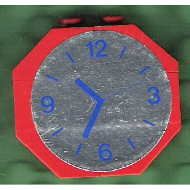 red stickered assembly 4 x 1 x 3 with clock pattern both sides stickers - set 7822 - 2 slope 45 2 x 1 1 brick 1 x 4 2 slope inv 45 2 x 1