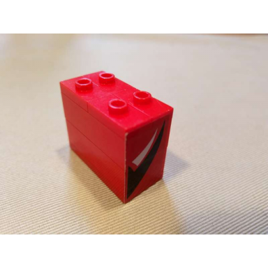 red stickered assembly 4 x 2 x 2 2 3 with white and black v-pattern on both sides stickers - set 8664 - 1 plate 2 x 4 2 brick 2 x 4 4 plate modified 1 x 2 with 1 stud jumper