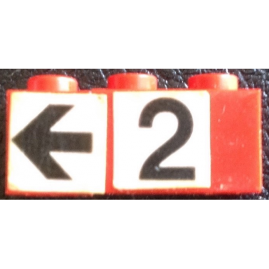red stickered assembly 3 x 1 x 1 with black number 2 and arrow on white background pattern stickers - set 148 - 1 brick 1 x 1 1 brick 1 x 2