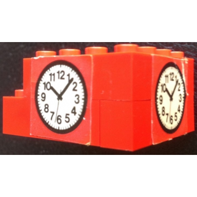 red stickered assembly 5 x 4 x 2 with clock on red background pattern on 2 sides stickers - set 148 - 4 brick 1 x 4 1 brick 1 x 2