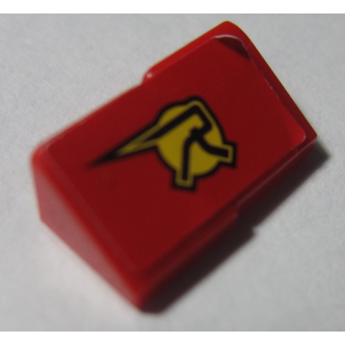 red stickered assembly 2 x 1 x 2 3 with stylized black capital letter r on yellow circle pattern sticker - set 8681 - 2 slope 30 1 x 1 x 2 3