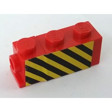 red stickered assembly 3 x 1 x 1 with black and yellow danger stripes pattern on left side sticker - set 7720 - 1 brick modified 1 x 1 with headlight 1 brick 1 x 2