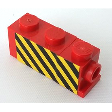red stickered assembly 3 x 1 x 1 with black and yellow danger stripes pattern on right side sticker - set 7720 - 1 brick modified 1 x 1 with headlight 1 brick 1 x 2