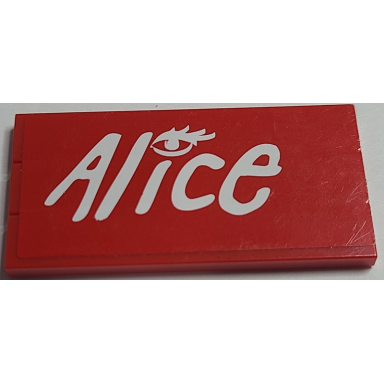red stickered assembly 6 x 3 with white alice logo and eye with eyelashes on red background pattern model right side sticker - set 8157 - 3 tile 1 x 6