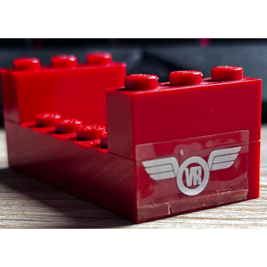 red stickered assembly 6 x 3 x 2 with white vr wings logo finnish victorian rail pattern on both sides stickers - set 7730 - 2 brick 1 x 2 2 brick 1 x 3 1 brick 1 x 6