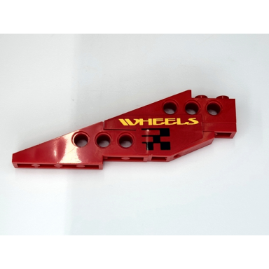 red stickered assembly 10 x 1 x 3 with yellow wheels and black checkered pattern on both sides stickers - set 8440 - 1 plate 1 x 2 1 slope inverted 33 3 x 1 2 technic slope 6 x 1 x 1 2 3