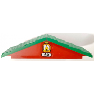 red stickered assembly 12 x 7 x 2 2 3 with black number 60 and yellow flame in oil lamp pattern sticker - set 3660 - 1 plate 6 x 10 2 fabuland roof support slope 6 x 2 with green fabuland roof slope without chimney hole