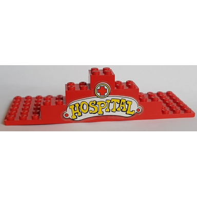 red stickered assembly 16 x 6 x 3 1 3 with red cross and yellow hospital pattern sticker - sets 137-1 347-3 - 1 red plate 6 x 16 2 brick 2 x 2 without inside supports 2 brick 2 x 3 without cross supports 2 brick 2 x 4 without cross supports