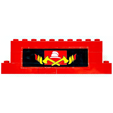 red stickered assembly 12 x 2 x 3 with yellow crossed axes white fire helmet and classic fire logos pattern sticker - set 6385 - 2 brick 1 x 2 1 brick 1 x 4 1 brick 1 x 6 2 brick 1 x 8 1 slope inverted 45 2 x 2 with flat bottom pin