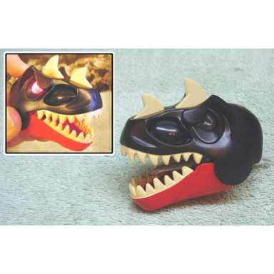 red dinosaur head tyrannosaurus rex with black top and light-up eyes pattern