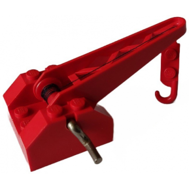 red string reel winch 4 x 4 x 2 with sloped top metal handle red drum and crane arm with string and crane hook left