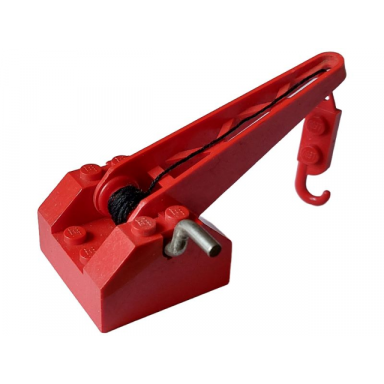 red string reel winch 4 x 4 x 2 with sloped top metal handle red drum and crane arm with string and crane hook right