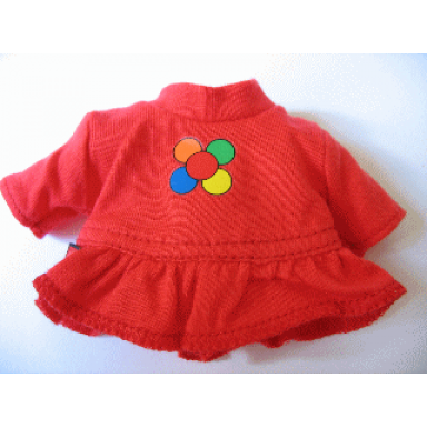 red duplo doll cloth dress with five spots pattern