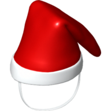 red duplo wear cloth santa cap with white trim pattern and chin strap