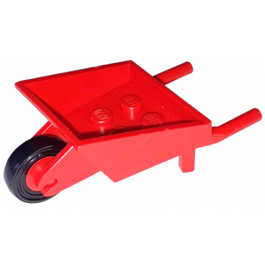 red fabuland utensil wheelbarrow with red pulley wheel with black tire 14mm d x 4mm smooth small single bb1310 3464c01
