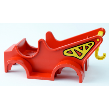 red duplo car body truck with crane pattern fits over car base 2 x 6 with yellow duplo hook long with cross bar