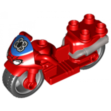red duplo motorcycle with rubber wheels headlights spider-man logo on blue windshield pattern