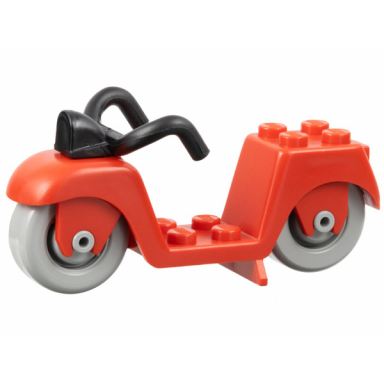 red fabuland scooter with black handlebars and light gray wheels