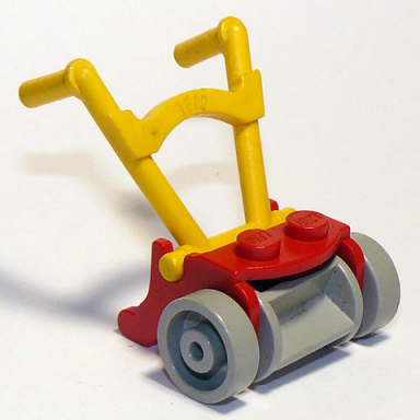 red fabuland utensil lawnmower with light gray wheels and yellow handles