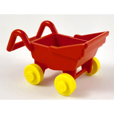 red fabuland stroller chassis with yellow wheel pair small with center stud fixed on red axle fabad3 fabwheel4
