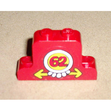 red fabuland brick modified 1 x 4 x 2 bell shape with number 62 and yellow arrows pattern sticker - set 3662