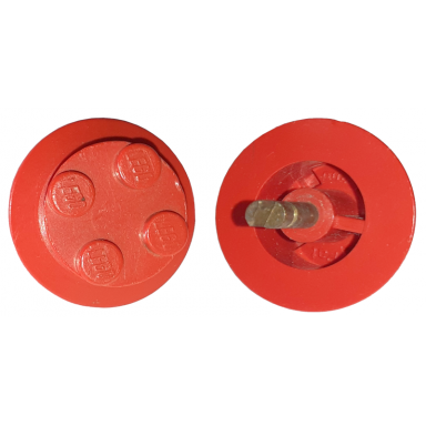 red train wheel with 2 x 2 stud center beveled tread and cam axle for motor