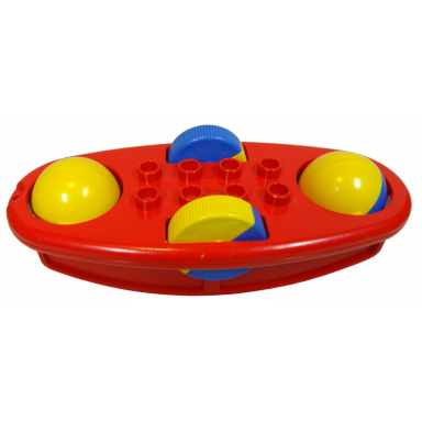 red duplo rattle rocking bottom with yellow and blue wheels