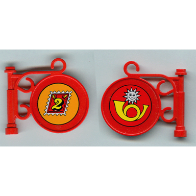 red road sign round on pole with ornate top attachment with stamp and horn pattern on both sides stickers - set 3675