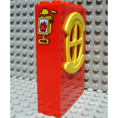 red fabuland building wall 2 x 6 x 7 with round symmetric yellow window with fire alarm pattern sticker - set 3682