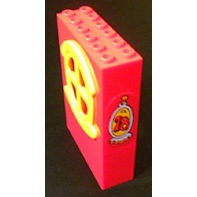 red fabuland building wall 2 x 6 x 7 with round symmetric yellow window with 78 in oval pattern sticker - set 3678