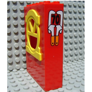 red fabuland building wall 2 x 6 x 7 with round top yellow window and no 70 pattern sticker - set 3670