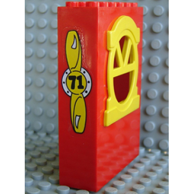 red fabuland building wall 2 x 6 x 7 with round top yellow window and propeller and no 71 pattern sticker - set 3671