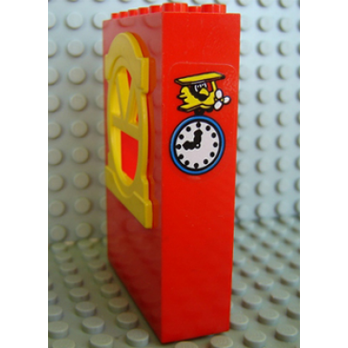 red fabuland building wall 2 x 6 x 7 with round top yellow window and plane and clock pattern sticker - set 3671