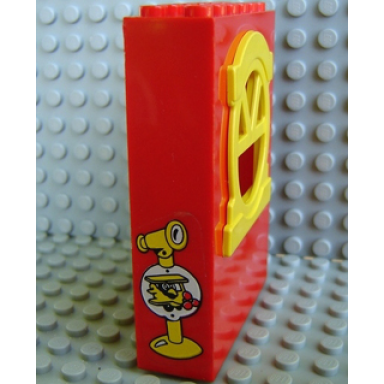 red fabuland building wall 2 x 6 x 7 with round top yellow window and field glass and plane pattern sticker - set 3671