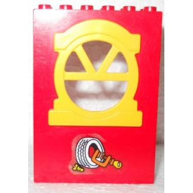 red fabuland building wall 2 x 6 x 7 with round top yellow window and tire cramp and screw pattern sticker - set 3670