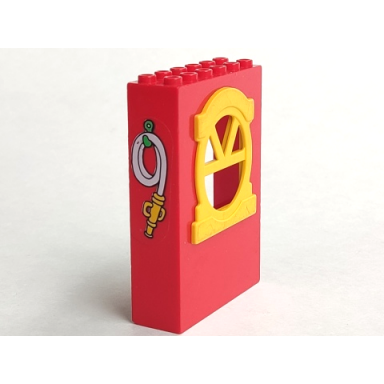 red fabuland building wall 2 x 6 x 7 with round top yellow window and fire hose pattern sticker - set 3669