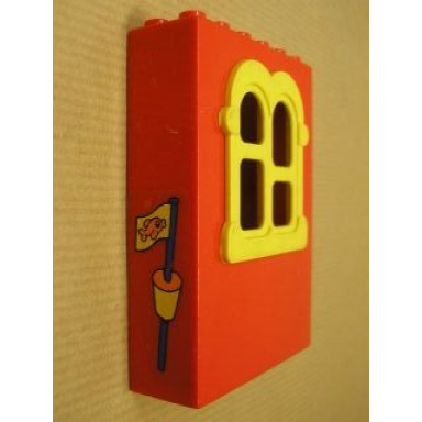red fabuland building wall 2 x 6 x 7 with squared yellow window and buoy with flag pattern sticker - set 3660