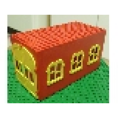 red fabuland garage block with yellow windows and yellow doors