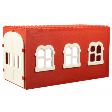 red fabuland garage block with white windows and white doors
